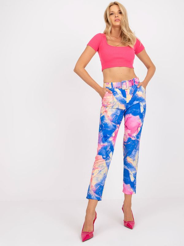 Fashionhunters Dark blue fabric trousers with colorful patterns