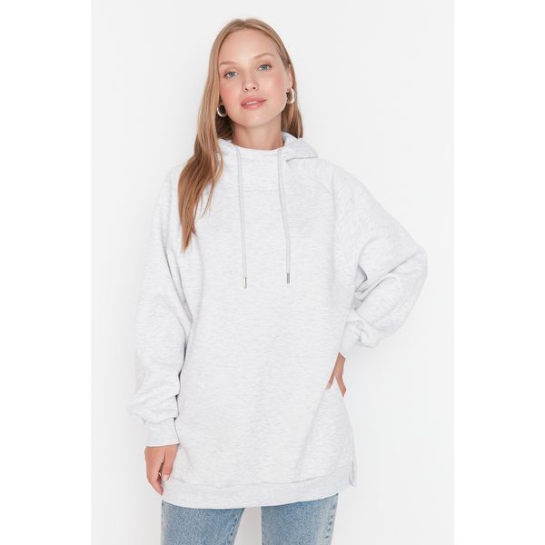 Trendyol Trendyol Gray Hooded Basic Oversize Raised Knitted Sweatshirt
