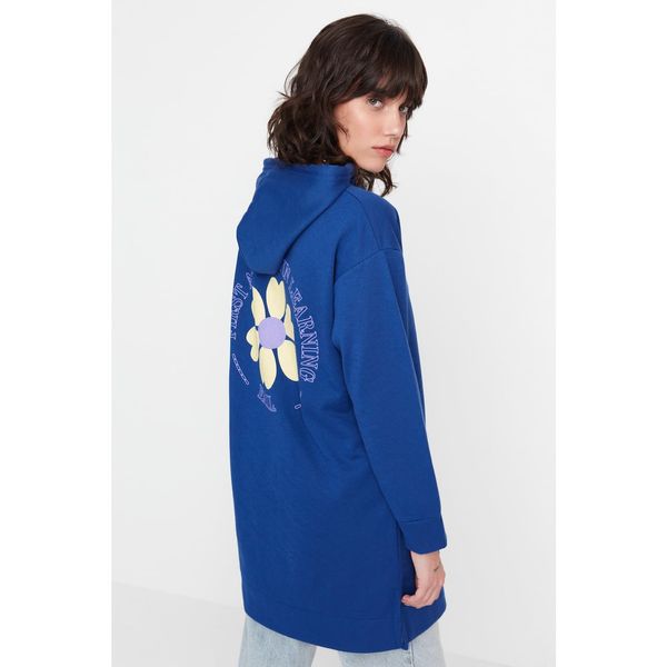 Trendyol Trendyol Indigo Front and Back Floral Printed Soft Feather Knitted Sweatshirt