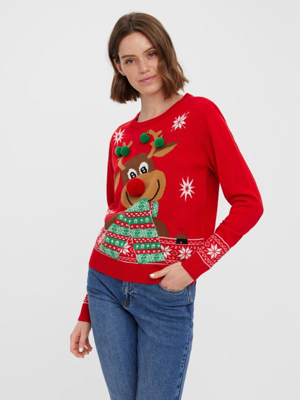 Vero Moda Vero Moda New Frosty Deer Sweter Czerwony