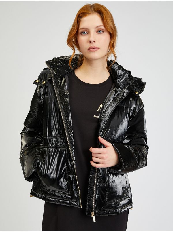 Armani ARMANI EXCHANGE Black Quilted Glossy Jacket with detachable hood Armani Exc - Ladies