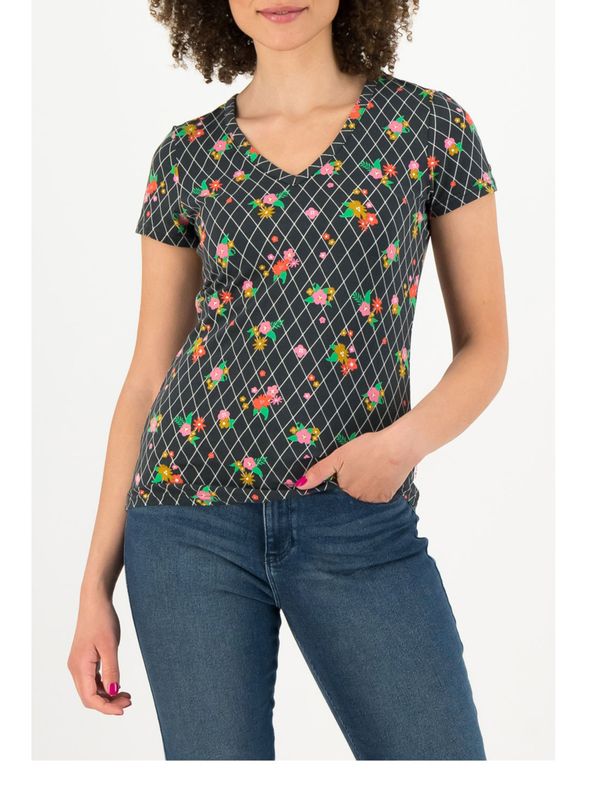 Blutsgeschwister Black patterned women's T-shirt Blutsgeschwister Grid of Flowers - Women