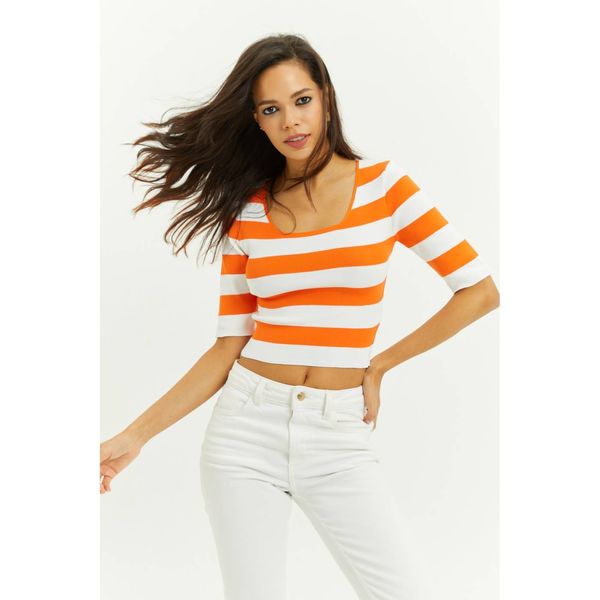 Cool & Sexy Cool & Sexy Women's Orange Square Collar Striped Knitwear Blouse