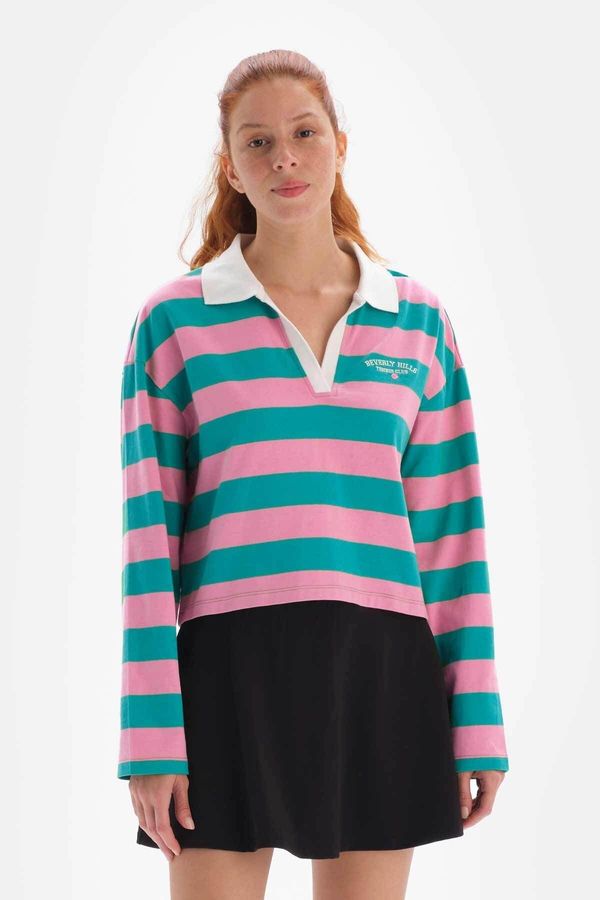 Dagi Dagi Pink Women's Sweatshirt Collar Striped