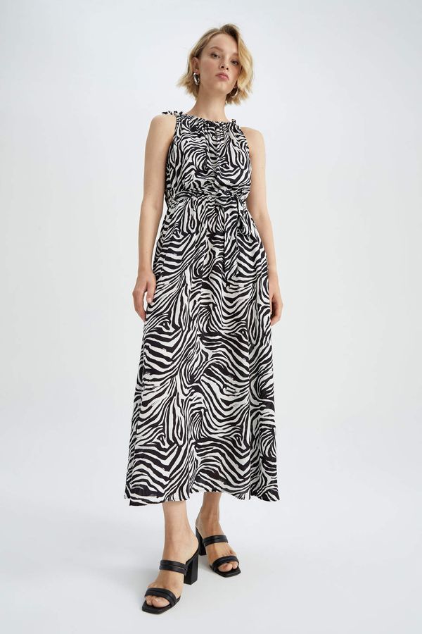 DEFACTO DEFACTO A Cut Halter Collar Animal Crinkle Fabric Midi Short Sleeve Woven Dress