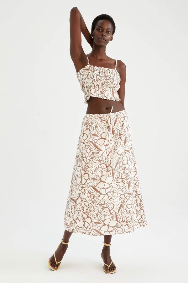 DEFACTO DEFACTO A-Line Floral Lined Linen Blend Midi Skirt