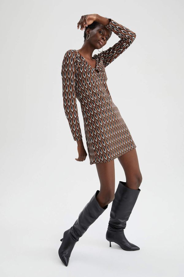 DEFACTO DEFACTO A Line Printed Long Sleeve Mini Long Sleeve Knitted Dress