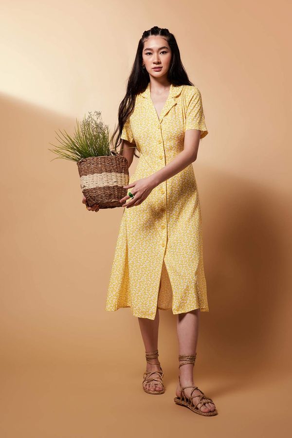 DEFACTO DEFACTO A-Line Shirt Collar Floral Midi Short Sleeve Dress