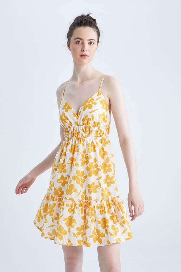 DEFACTO DEFACTO A-Line V-Neck Strap Floral Linen Look Mini Dress