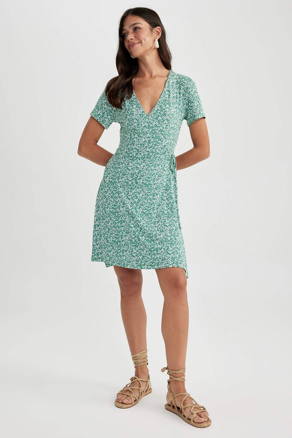 DEFACTO DEFACTO A-Line Wrap Collar Patterned Mini Short Sleeve Dress