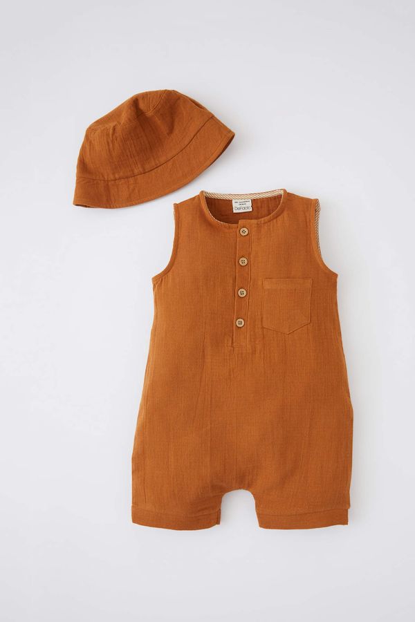 DEFACTO DEFACTO Baby Boy Muslin Sleeveless Jumpsuit Hat Set