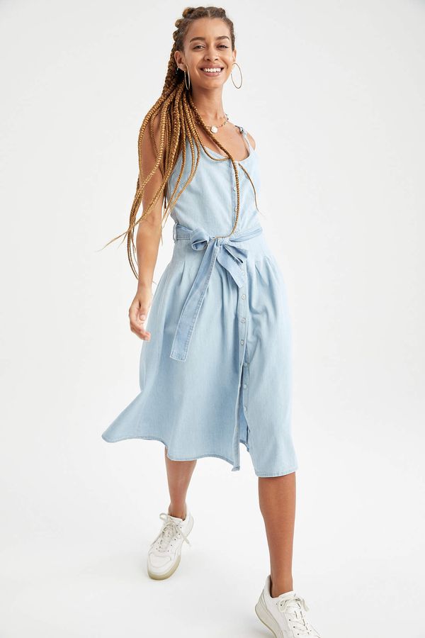 DEFACTO DEFACTO Basic Belted Round Neck Denim Dress