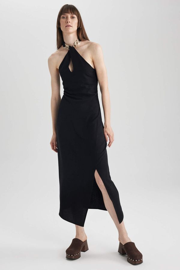DEFACTO DEFACTO Bodycon Chain Detailed Linen Blend Slit Midi Sleeveless Dress