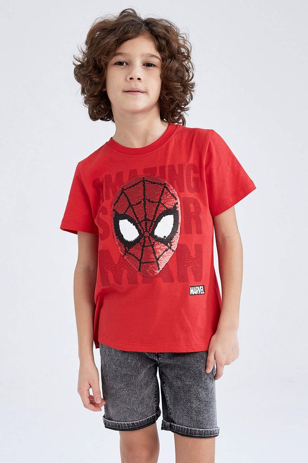 DEFACTO DEFACTO Boy Marvel Spiderman Regular Fit Crew Neck Sequined Short Sleeve T-Shirt