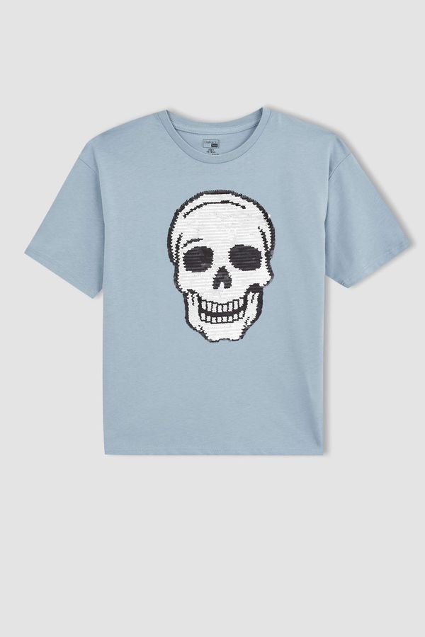 DEFACTO DEFACTO Boy Oversize Fit Sequined Skull Printed Short Sleeve Cotton Combed Combed T-Shirt