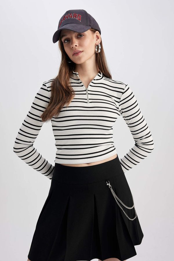 DEFACTO DEFACTO Coool Fitted Shirt Collar Striped Long Sleeve Crop T-Shirt