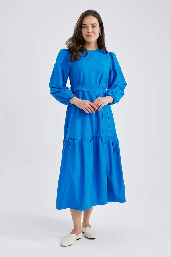 DEFACTO DEFACTO Crew Neck Tie Waist Detailed Poplin Long Sleeve Maxi Dress