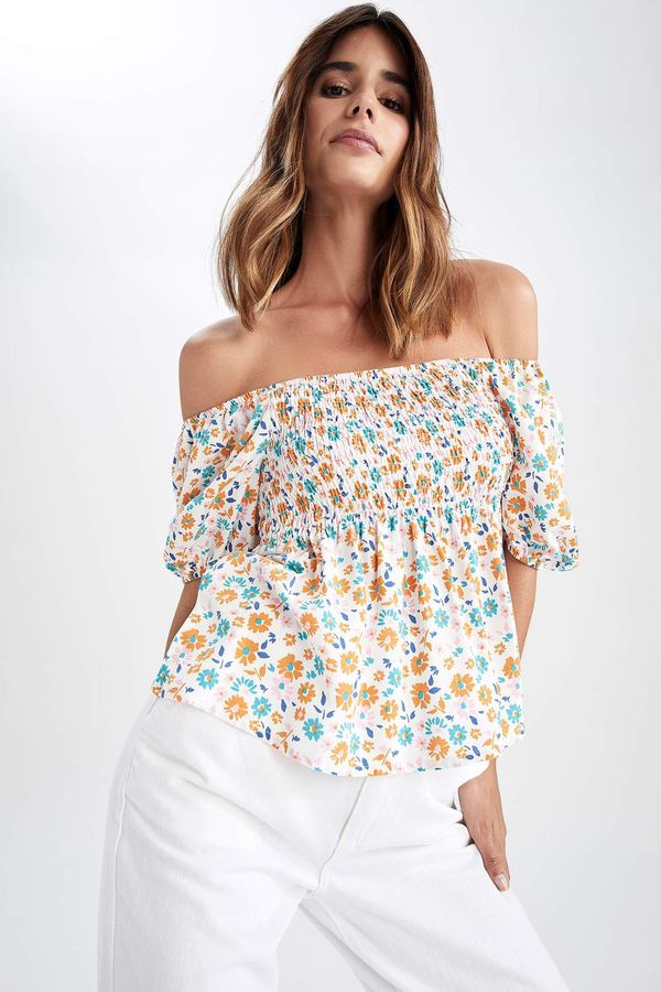 DEFACTO DEFACTO Fitted Square Neck Floral Short Sleeve Blouse