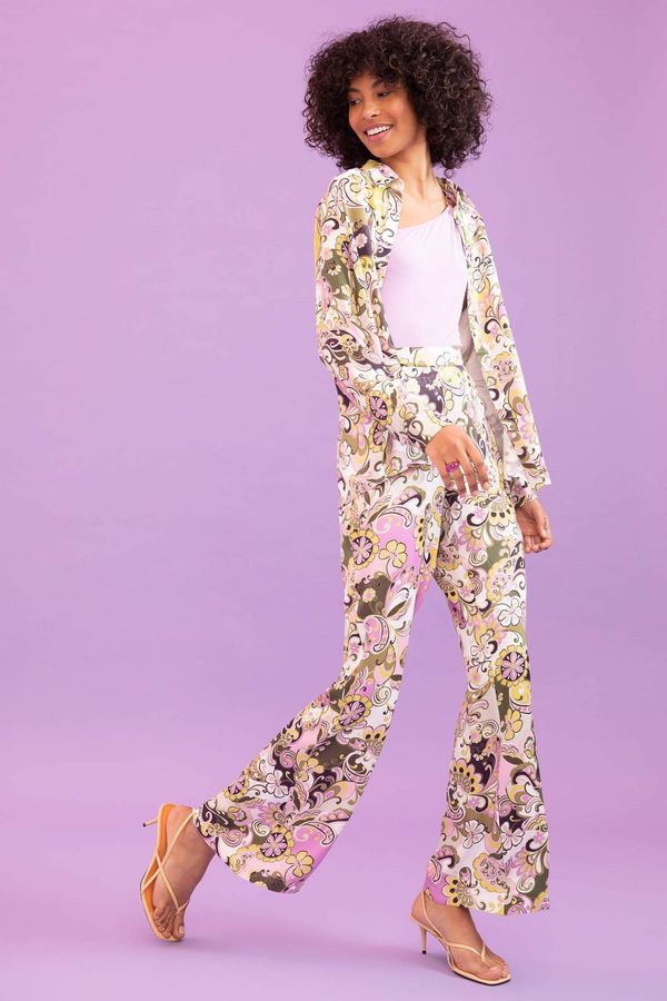 DEFACTO DEFACTO Flare Fit Spanish Leg Floral Patterned Satin Viscose Trousers