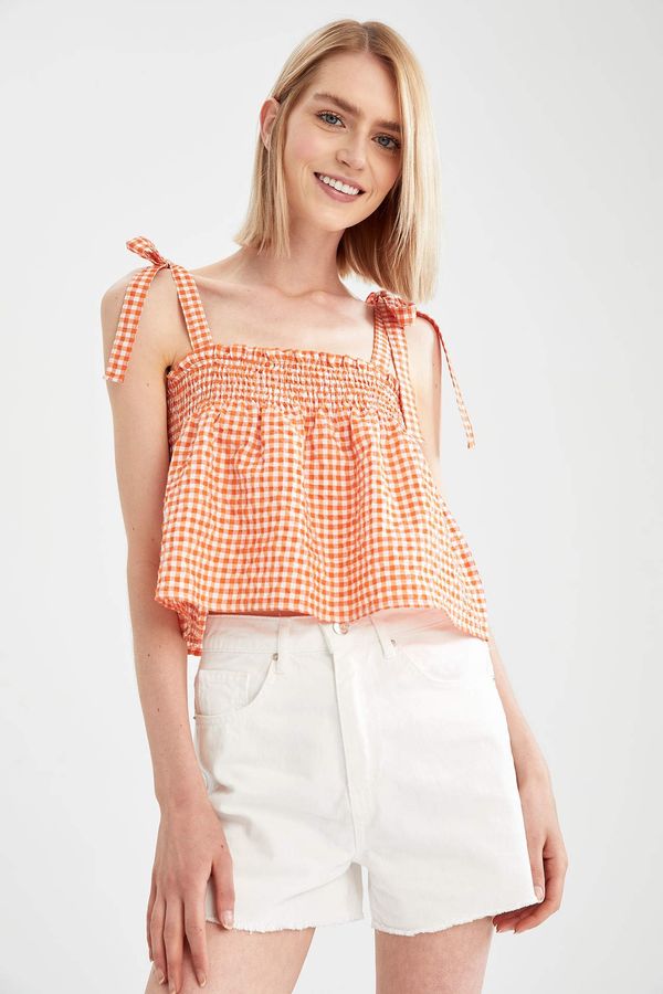 DEFACTO DEFACTO Gingham Patterned Square Neck Cropped Blouse