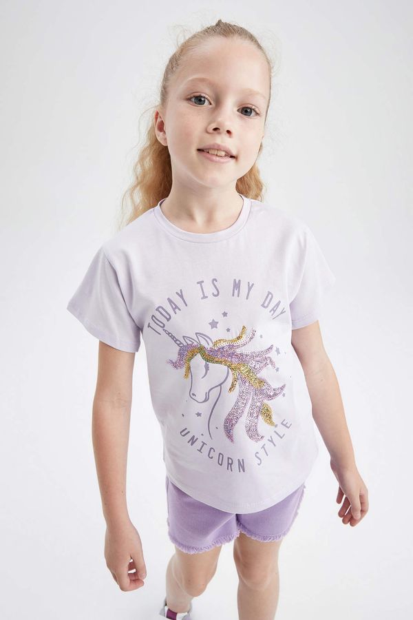 DEFACTO DEFACTO Girl Regular Fit Crew Neck Short Sleeve Unicorn Print T-Shirt