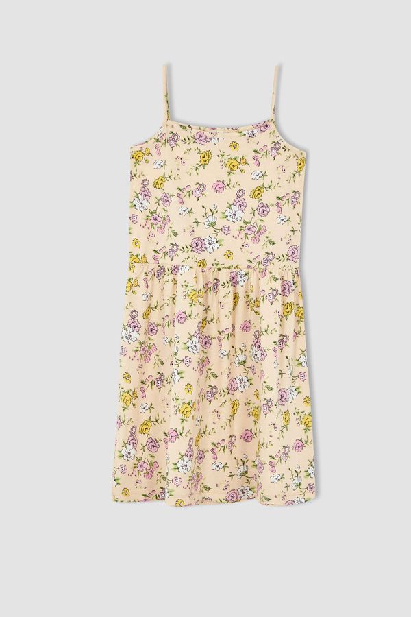 DEFACTO DEFACTO Girl Regular Fit Floral Patterned Strap Cotton Combed Cotton Summer Dress