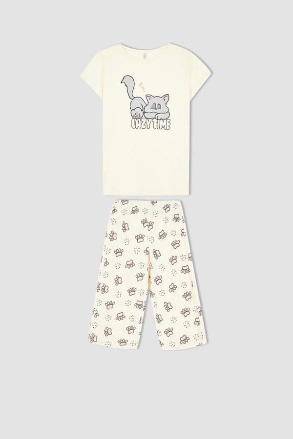 DEFACTO DEFACTO Girl Regular Fit Short Sleee Cat Print Pyjama Set