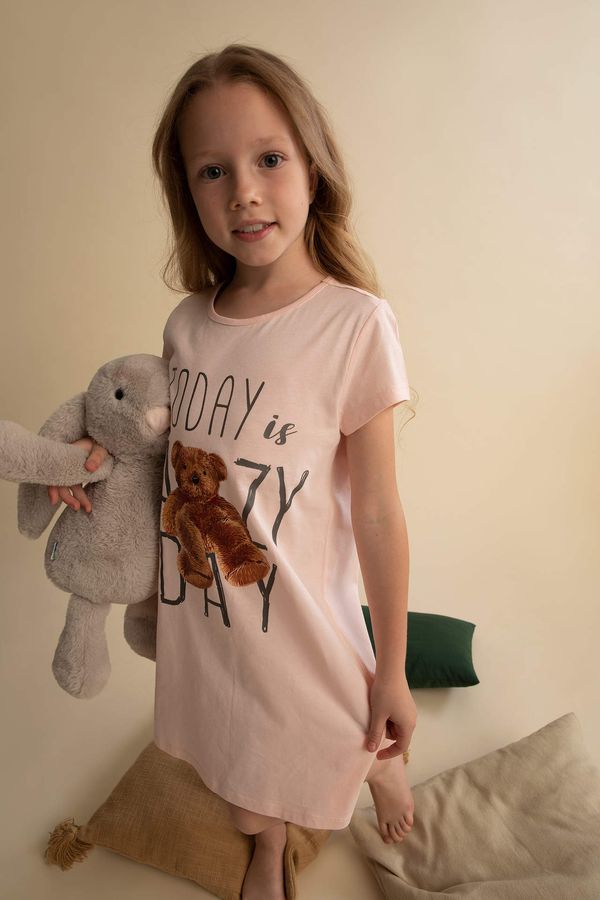 DEFACTO DEFACTO Girl Regular Fit Teddy Bear Printed Short Sleeve Cotton Nightgown