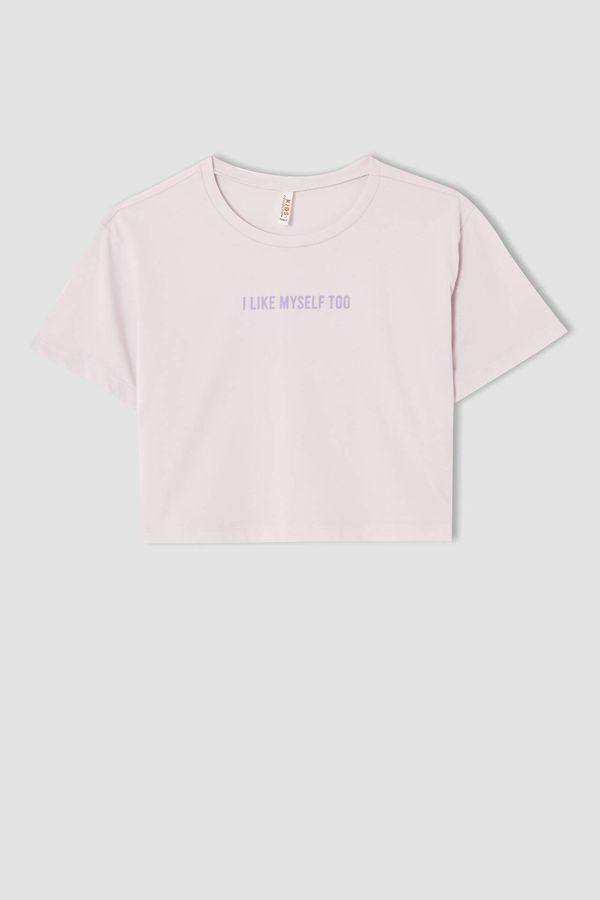 DEFACTO DEFACTO Girl Text Printed Crop Short Sleeve T-Shirt