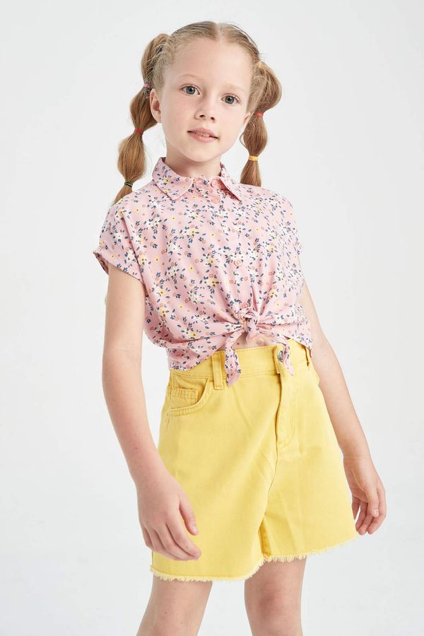 DEFACTO DEFACTO Girl's Floral Pattern Tie Short Sleeve Crop Shirt