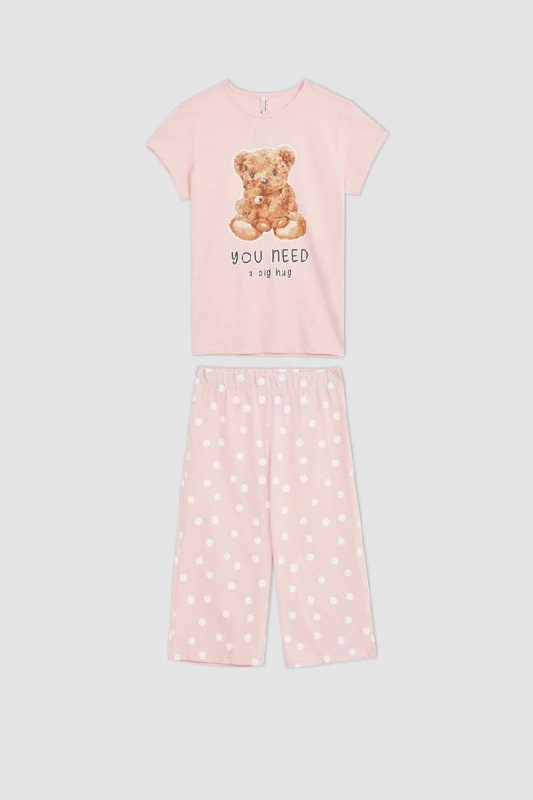 DEFACTO DEFACTO Girls Teddy Bear Printed Cotton Short Sleeve Capri Pajamas Set