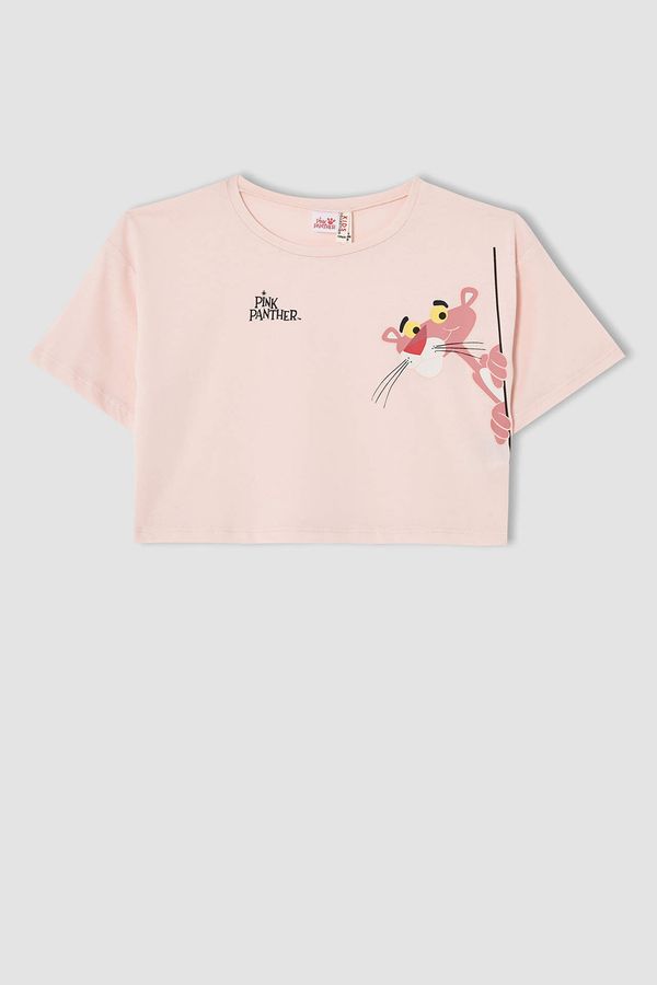 DEFACTO DEFACTO Kız Çocuk Pink Panther Lisanslı Crop Kısa Kollu Body