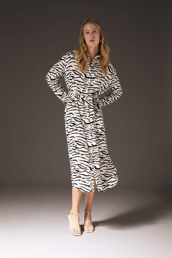 DEFACTO DEFACTO Leopard Patterned Shirt Collar Long Sleeve Poplin Maxi Dress