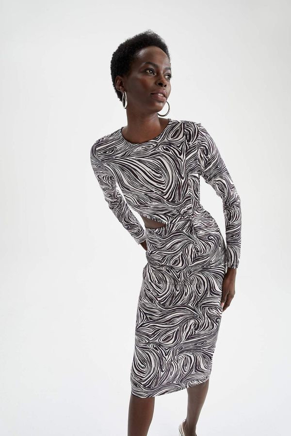 DEFACTO DEFACTO Long Sleeve Cut Out Zebra Print Midi Dress