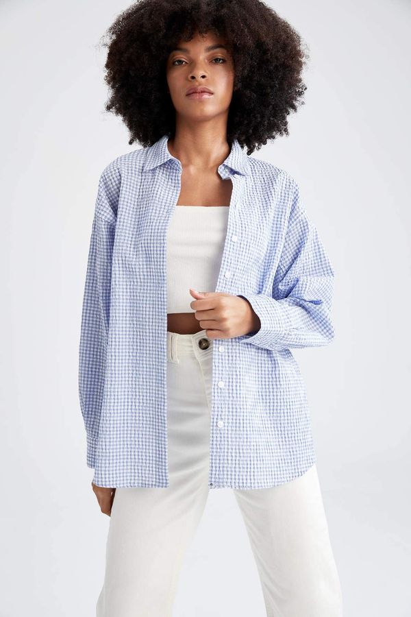 DEFACTO DEFACTO Oversize Fit Shirt Collar Gingham Long Sleeve Seekers Textured Shirt Tunic