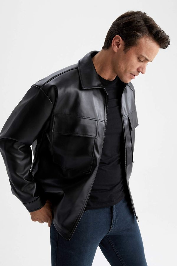 DEFACTO DEFACTO Oversize Fit Shirt Collar Jacket Faux Leather Coat