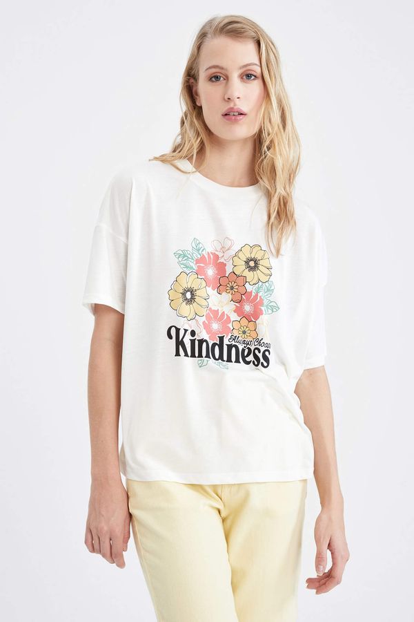 DEFACTO DEFACTO Oversized Short Sleeve Floral & Slogan Print T-Shirt