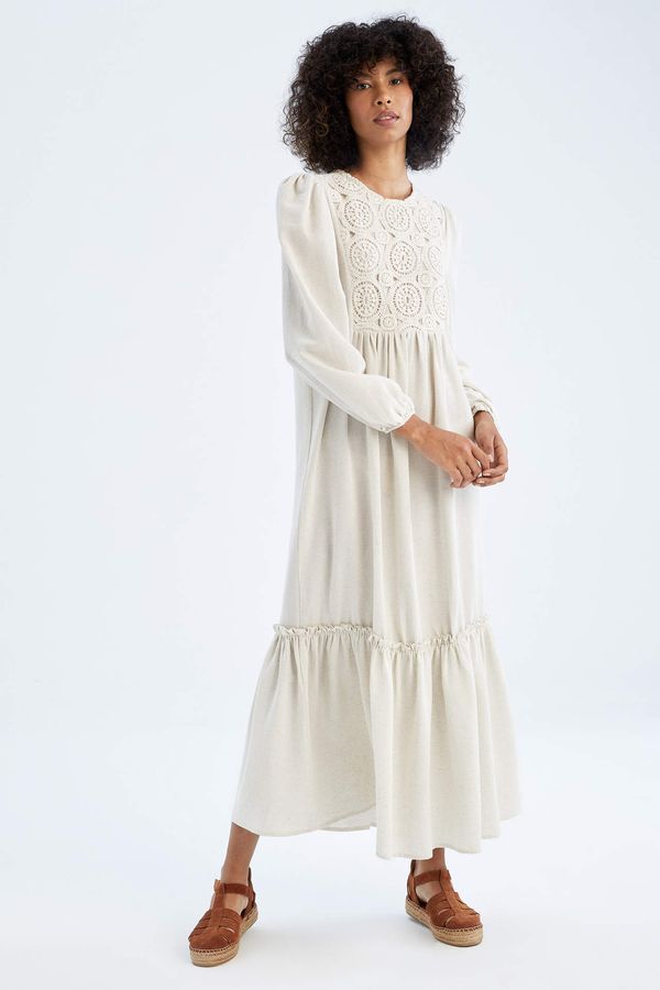 DEFACTO DEFACTO Regular Fit Crew Neck Lacy Linen Blend Cotton Maxi Dress