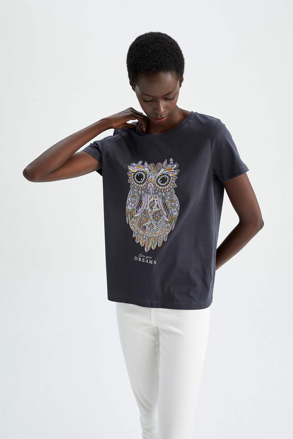 DEFACTO DEFACTO Regular Fit Crew Neck Owl Pattern Cotton Short Sleeve T-Shirt