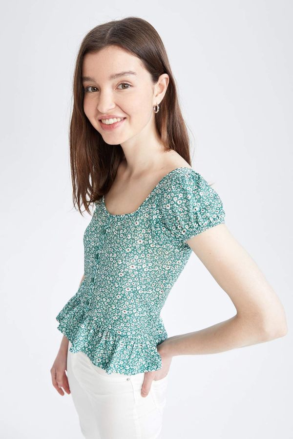 DEFACTO DEFACTO Regular Fit Floral Short Balloon Sleeve Blouse