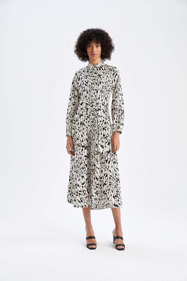 DEFACTO DEFACTO Regular Fit Leopard Patterned Satin Long Sleeve Maxi Dress
