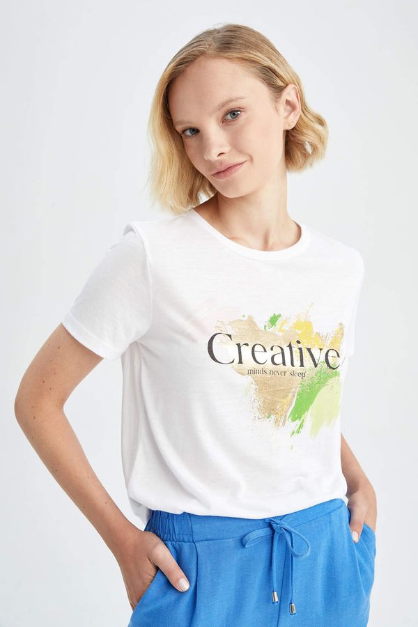 DEFACTO DEFACTO Regular Fit Short Sleeve Colour Block Slogan Print T-Shirt