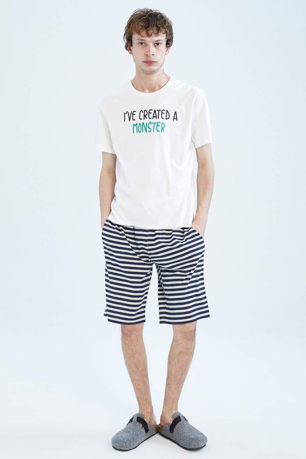 DEFACTO DEFACTO Regular Fit Short Sleeve Slogan Print Striped Pyjama Set
