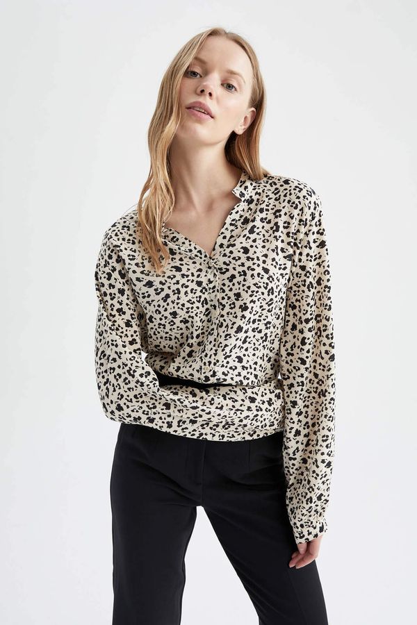 DEFACTO DEFACTO Regular Fit V Neck Leopard Patterned Long Sleeve Blouse