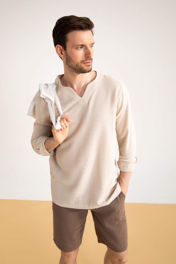DEFACTO DEFACTO Regular Fit V Neck Long Sleeve Cotton Shirt