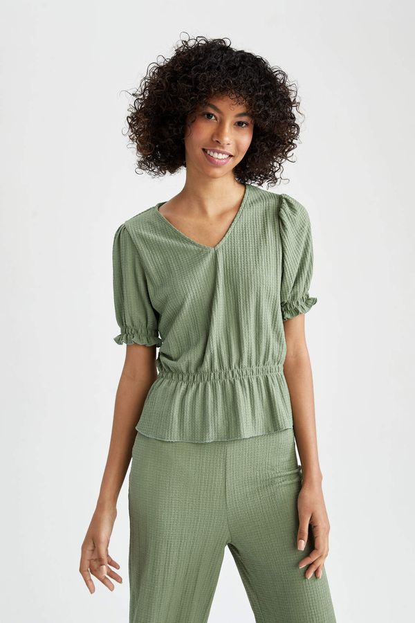 DEFACTO DEFACTO Regular Fit V Neck Pleated Waist and Sleeve Detailed Blouse