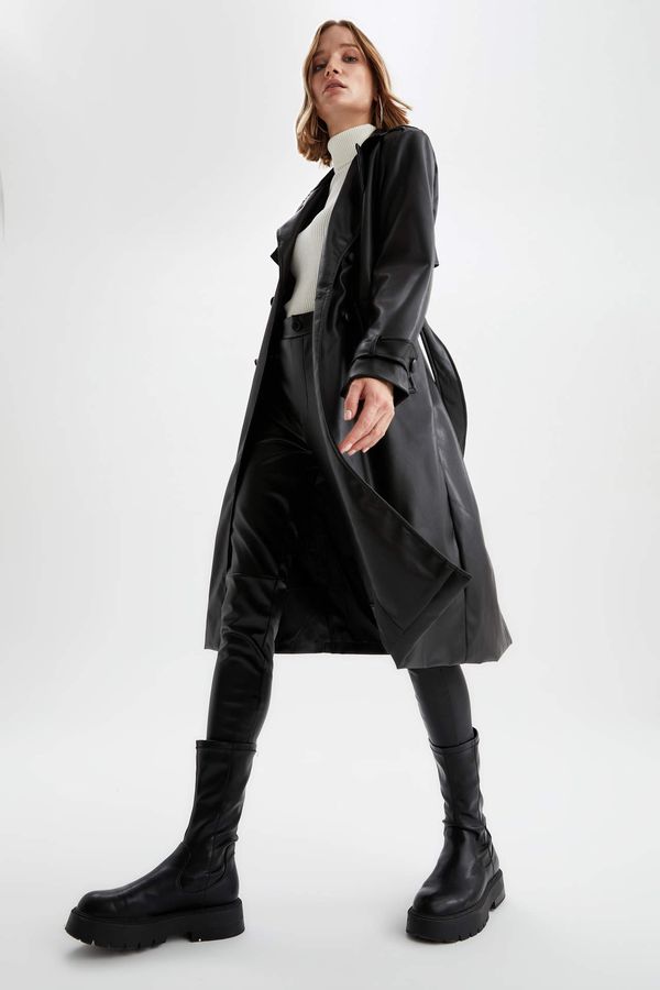DEFACTO DEFACTO Relax Fit Faux Leather Belted Trenchcoat