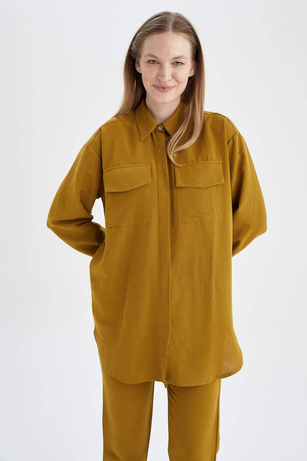 DEFACTO DEFACTO Relax Fit Shirt Collar Linen Blended Long Sleeve Tunic