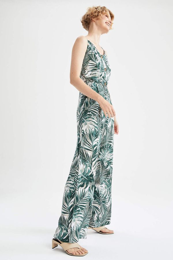 DEFACTO DEFACTO Relax Fit V-Neck Tropical Patterned Strappy Jump Suit