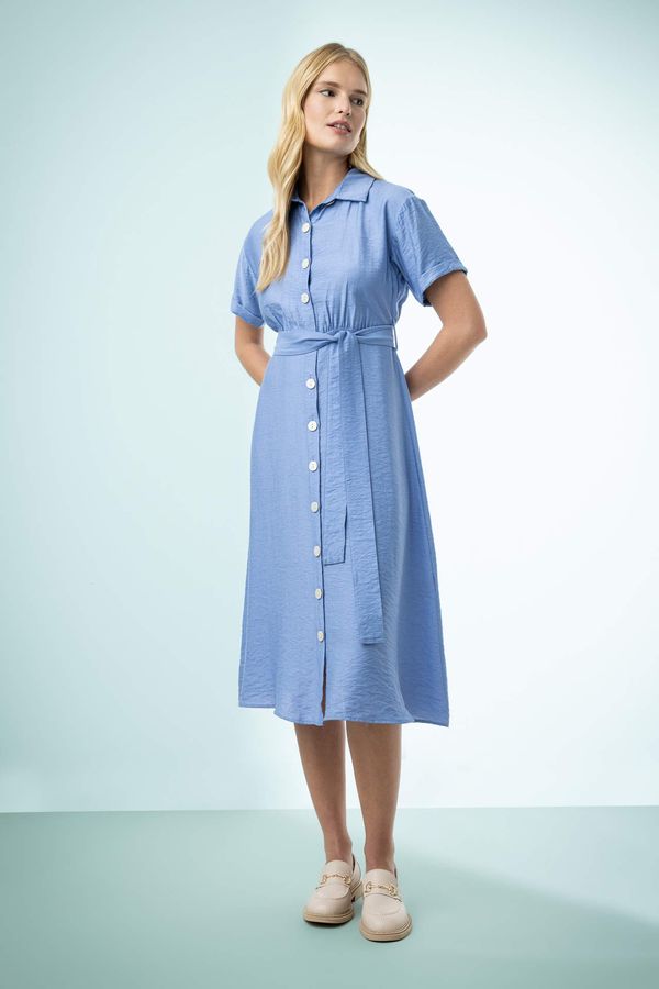 DEFACTO DEFACTO Shirt Collar Belted Midi Jean Dress